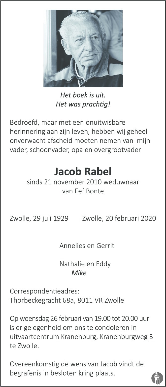Jacob Rabel 20-02-2020 overlijdensbericht en condoleances - Mensenlinq.nl