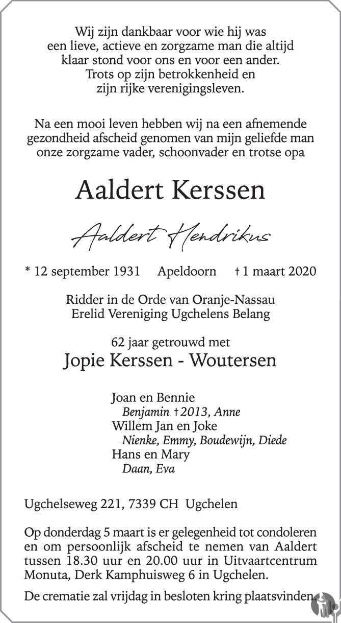 Aaldert Hendrikus Kerssen 01-03-2020 overlijdensbericht en condoleances ...