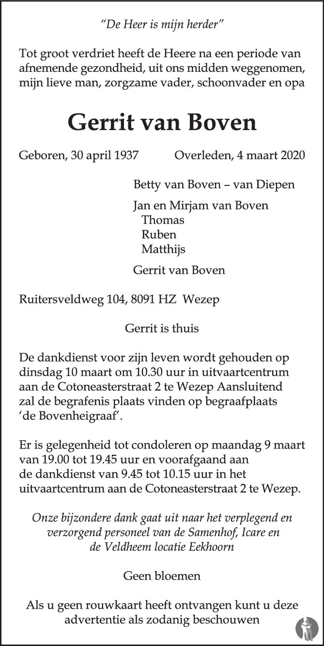 Gerrit van Boven 04-03-2020 overlijdensbericht en condoleances ...