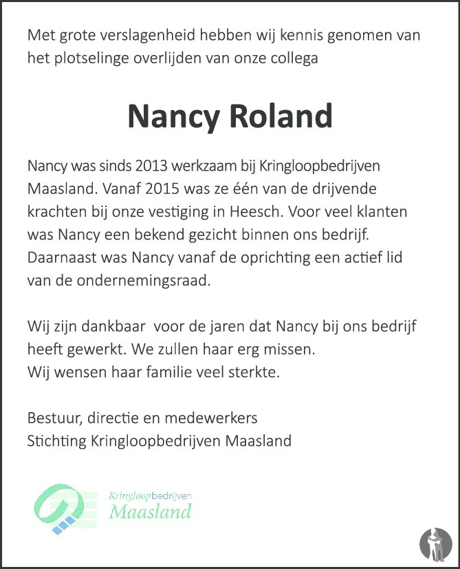 Nancy Roland 05-03-2020 overlijdensbericht en condoleances - Mensenlinq.nl