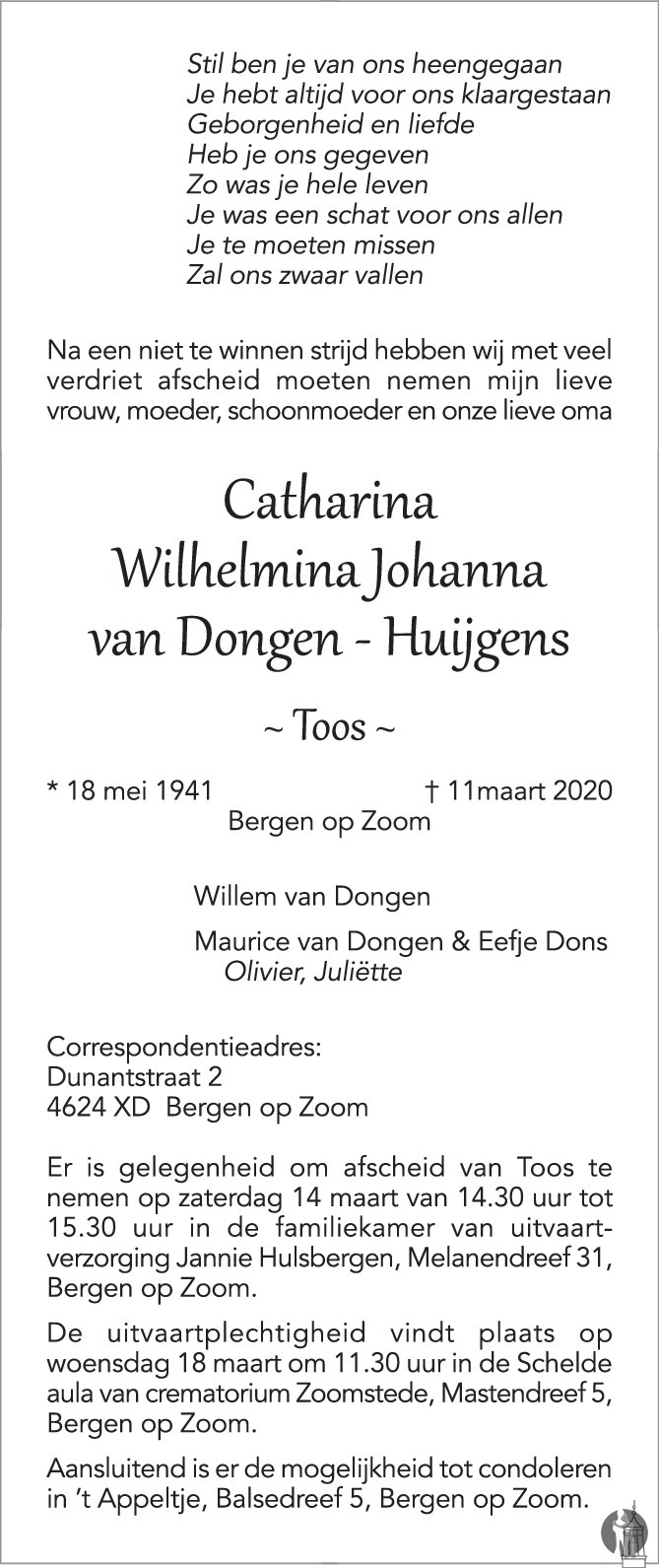 Catharina Wilhelmina Johanna (Toos) Van DOngen-Huijgens 11-03-2020 ...