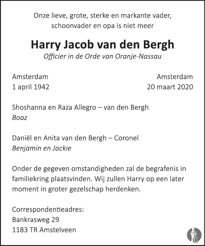 Harry Jacob van den Bergh 20032020 overlijdensbericht en condoleances