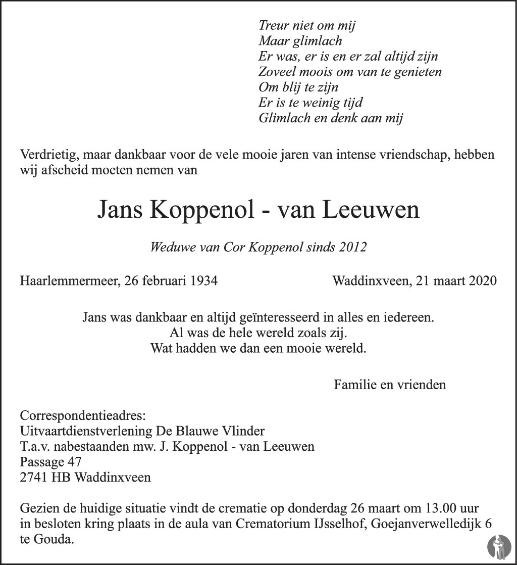 Jans Koppenol-van Leeuwen 21-03-2020 overlijdensbericht en condoleances ...