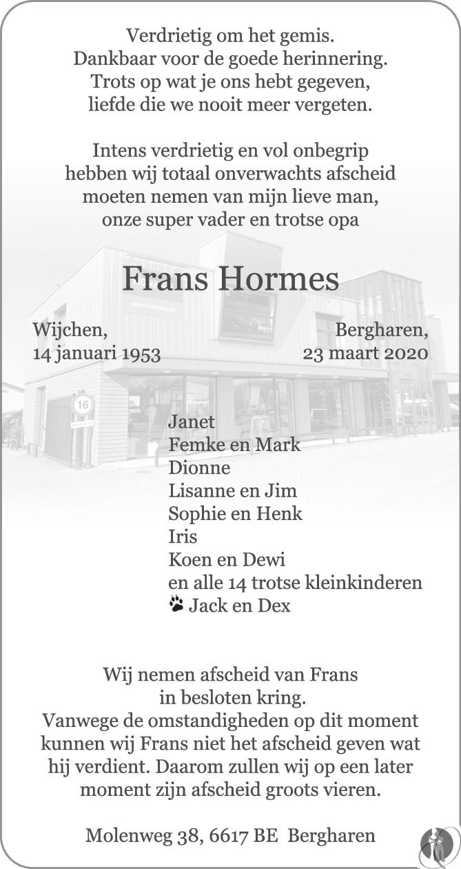 Overlijdensbericht van Frans Hormes in de Gelderlander