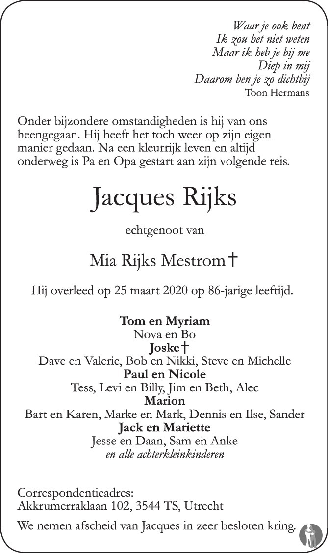 Jacques Rijks Overlijdensbericht En Condoleances Mensenlinq Nl