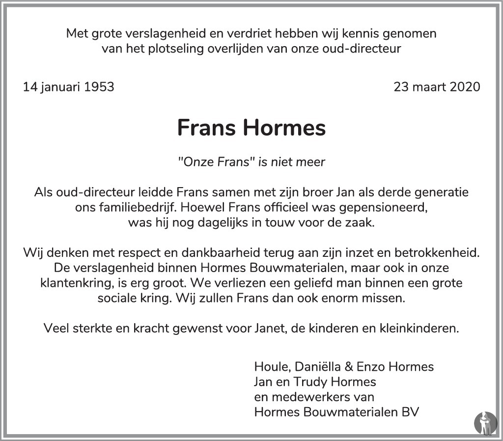 Overlijdensbericht van Frans Hormes in de Gelderlander