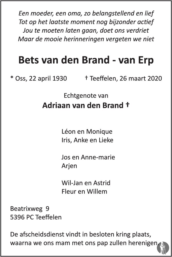 kwaadaardig transfusie Woord Bets van den Brand-van Erp ✝ 26-03-2020 overlijdensbericht en condoleances  - Mensenlinq.nl