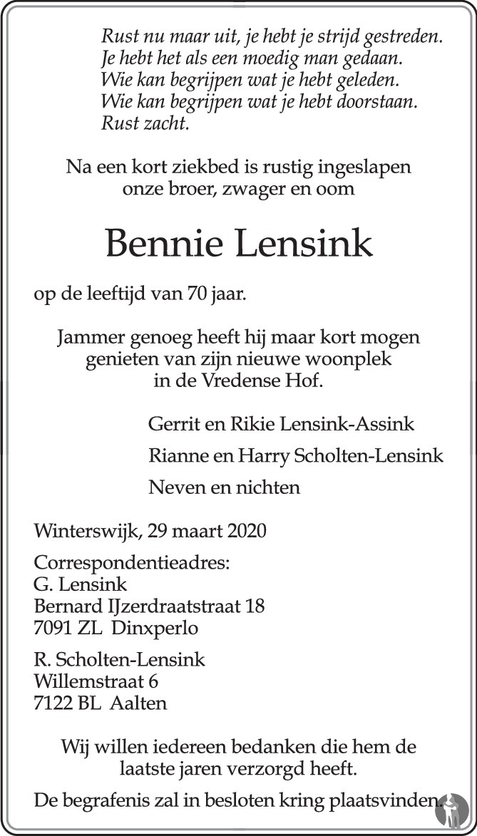 Bennie Lensink 29-03-2020 overlijdensbericht en condoleances ...