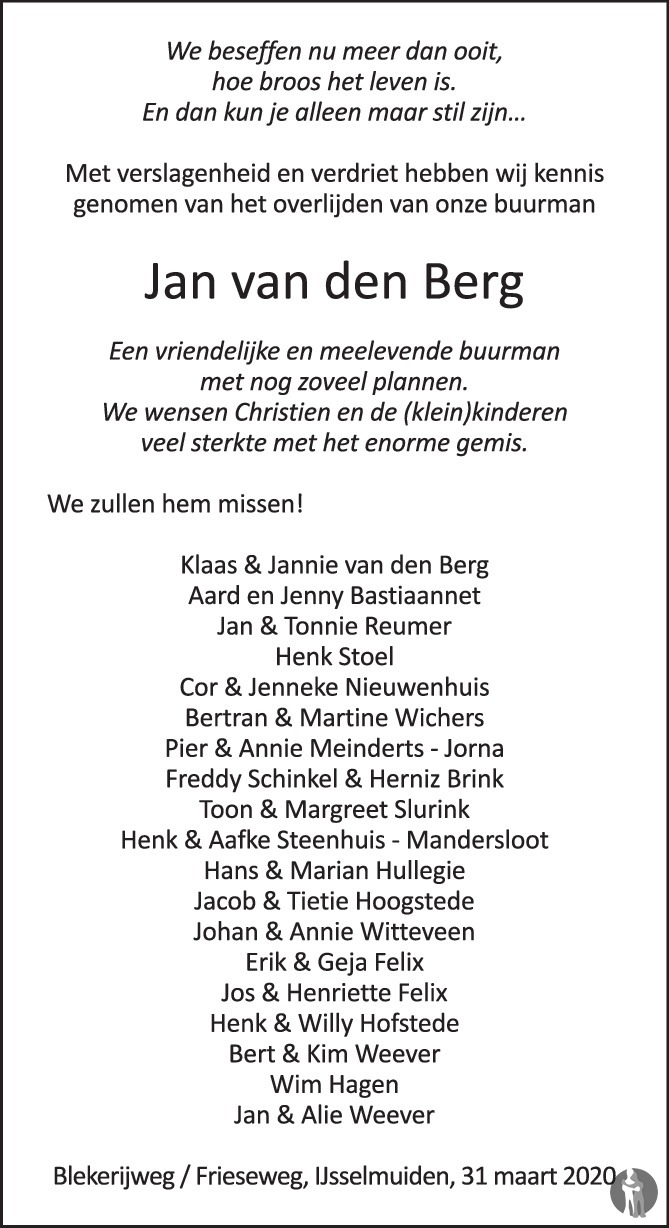 Jan van den Berg 31032020 overlijdensbericht en condoleances Mensenlinq.nl Jan van den Berg 31032020 overlijdensbericht en condoleances Mensenlinq.nl