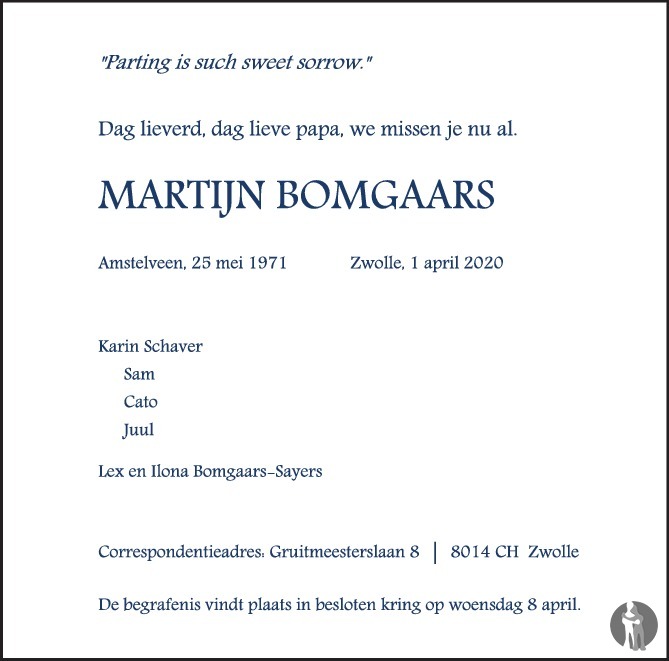 Martijn Bomgaars 01042020 overlijdensbericht en Martijn Bomgaars 01042020 overlijdensbericht en