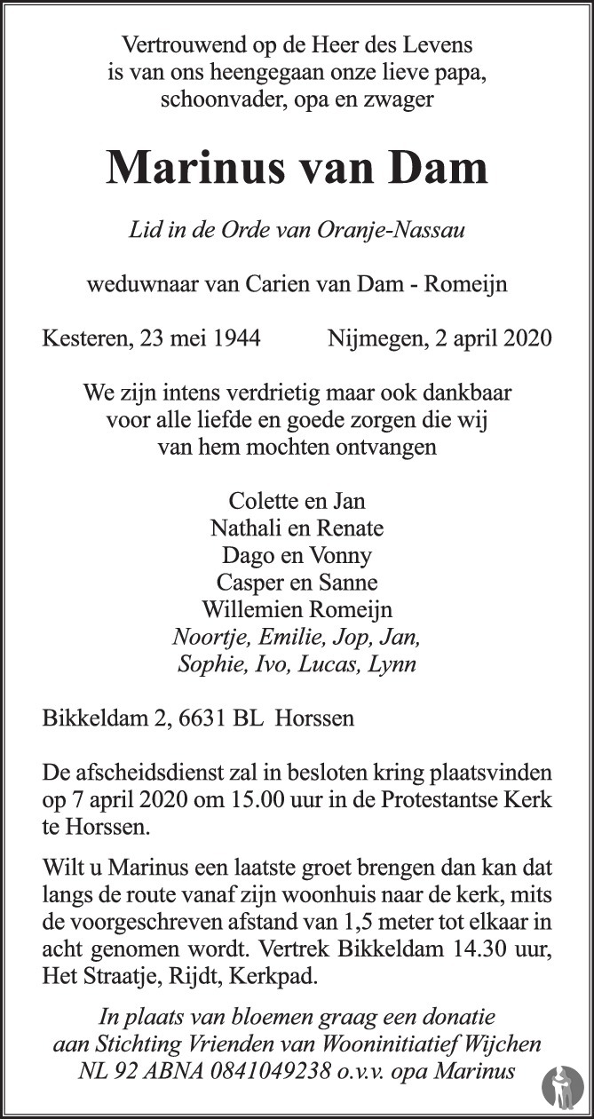 Marinus van Dam ✝ 02-04-2020 overlijdensbericht en condoleances -  Mensenlinq.nl