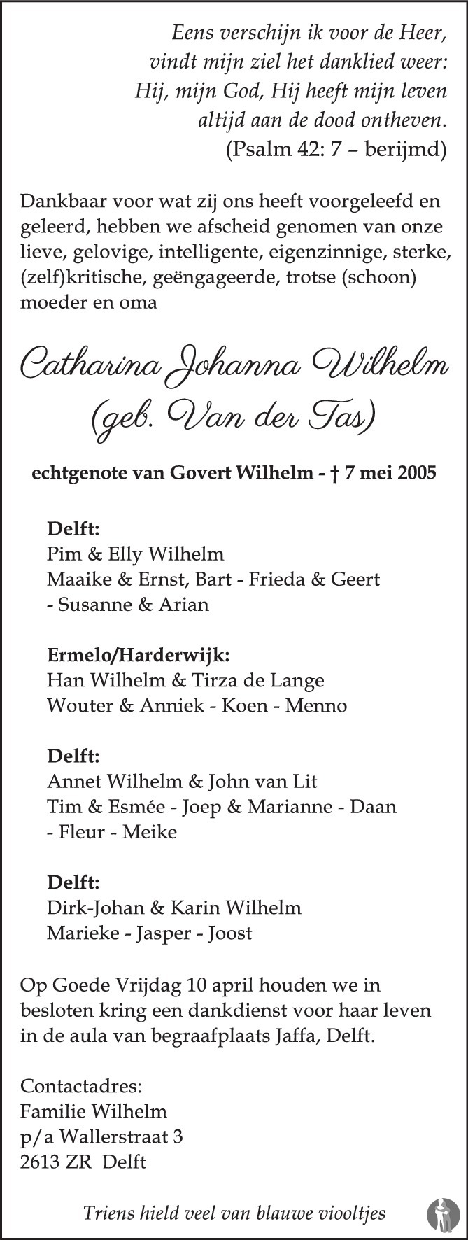 Catharina Johanna Wilhelm-van Der Tas 03-04-2020 Overlijdensbericht En ...