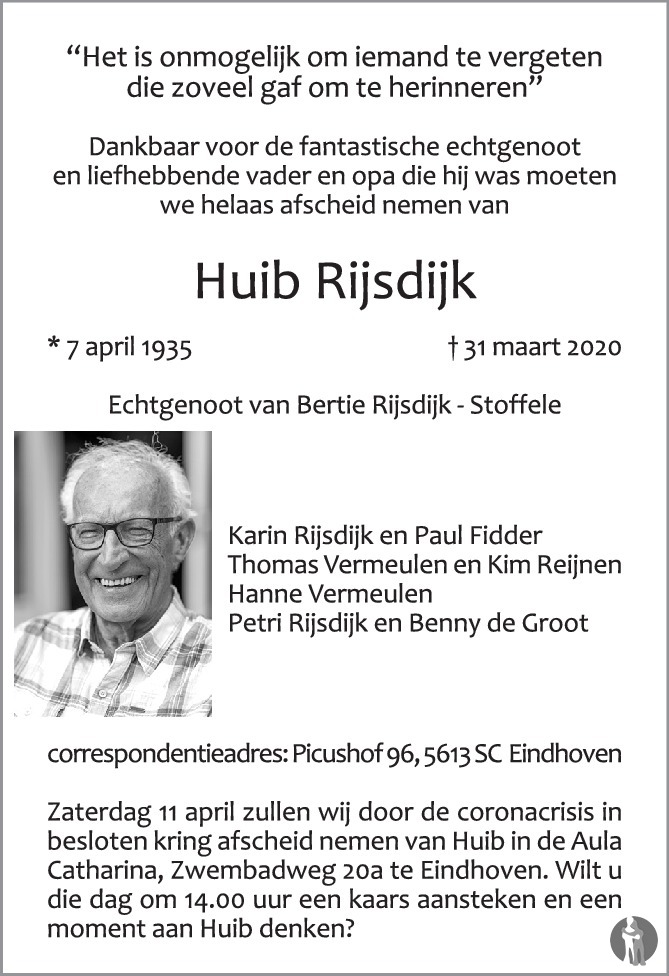Huib Rijsdijk 31032020 overlijdensbericht en condoleances Mensenlinq.nl