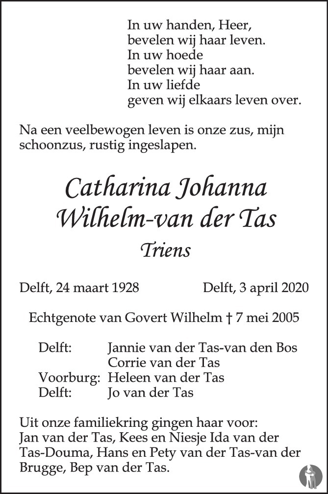 Catharina Johanna Wilhelm-van der Tas 03-04-2020 overlijdensbericht en ...