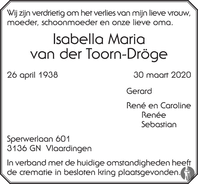 Isabella Maria Van Der Toorn Dröge 30 03 2020 Overlijdensbericht En Condoleances Mensenlinqnl 