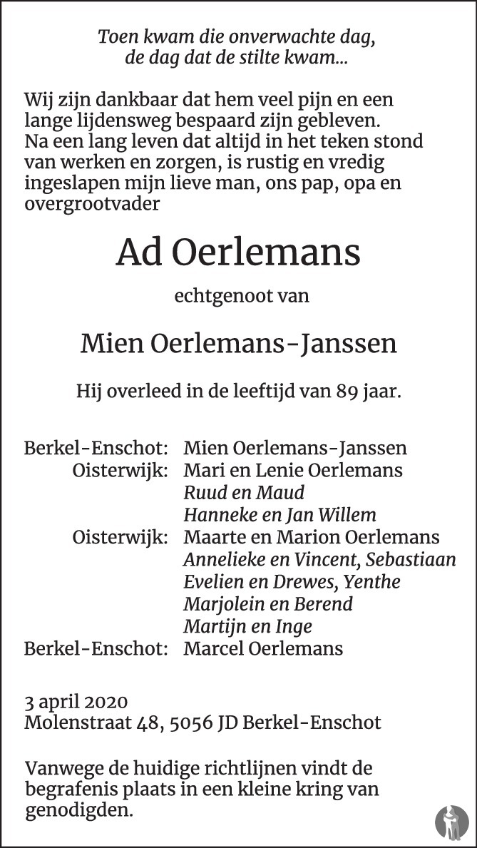 Ad Oerlemans Overlijdensbericht En Condoleances Mensenlinq Nl