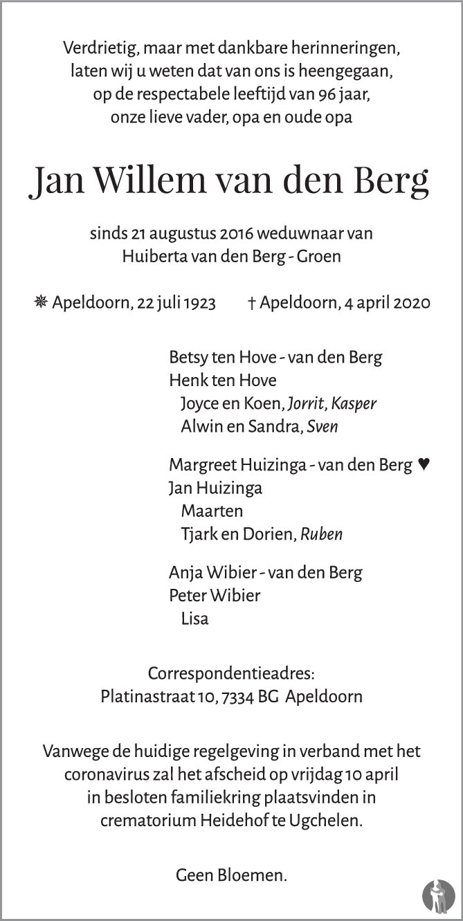 Jan Willem van den Berg 04042020 overlijdensbericht en condoleances Mensenlinq.nl Jan Willem van den Berg 04042020 overlijdensbericht en condoleances Mensenlinq.nl