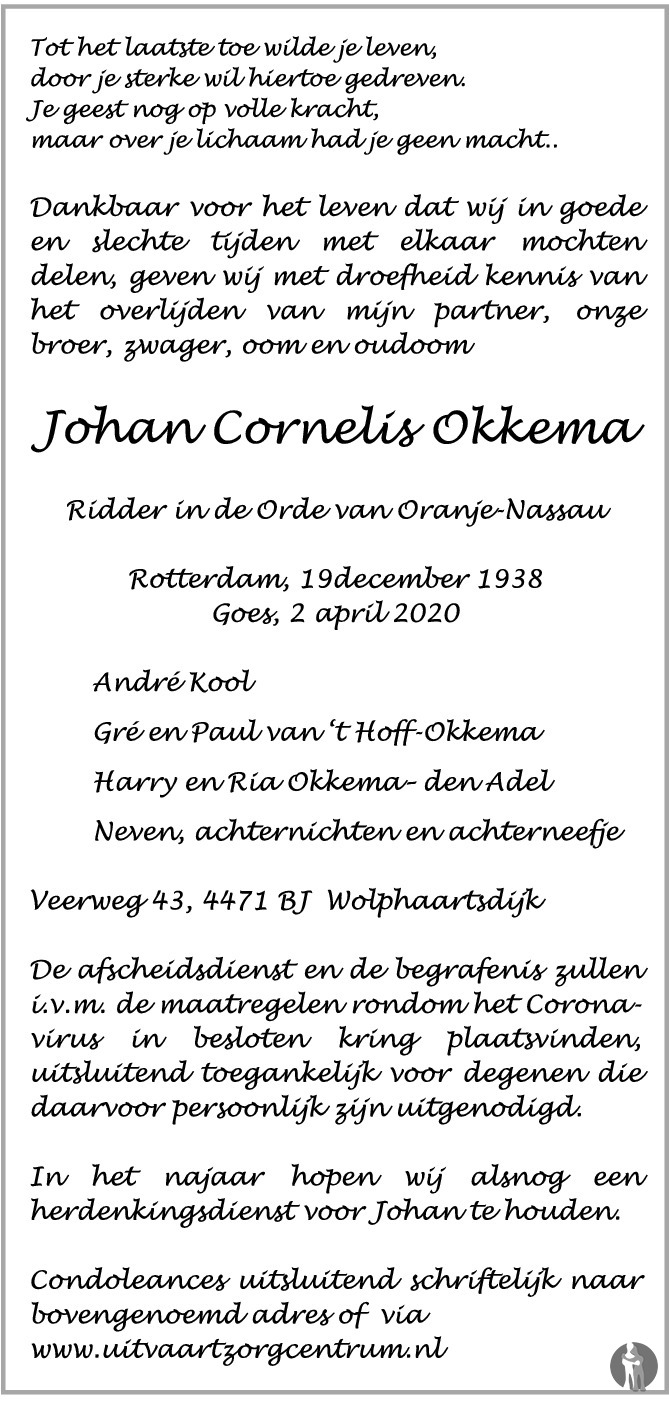 Johan Cornelis Okkema 02 04 Overlijdensbericht En Condoleances Mensenlinq Nl