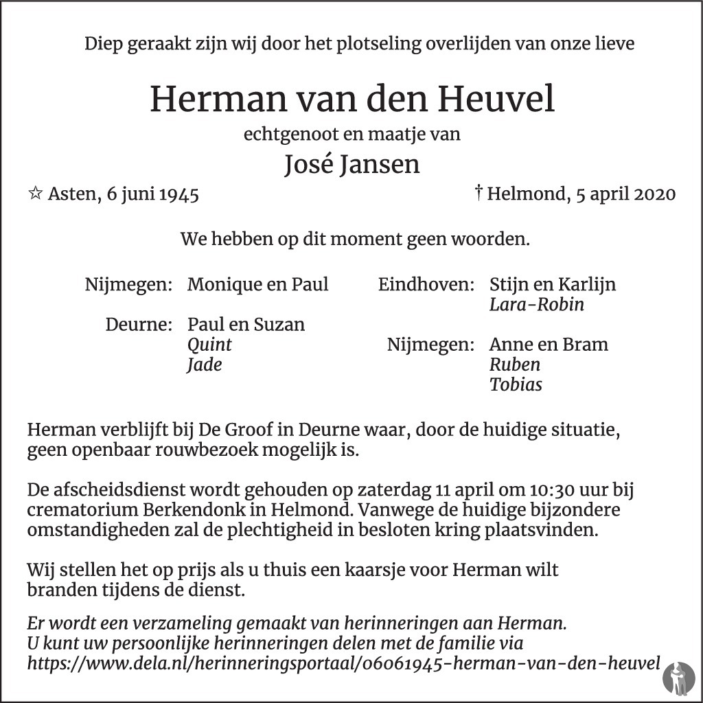 Overlijdensbericht van Herman van den Heuvel in Eindhovens Dagblad