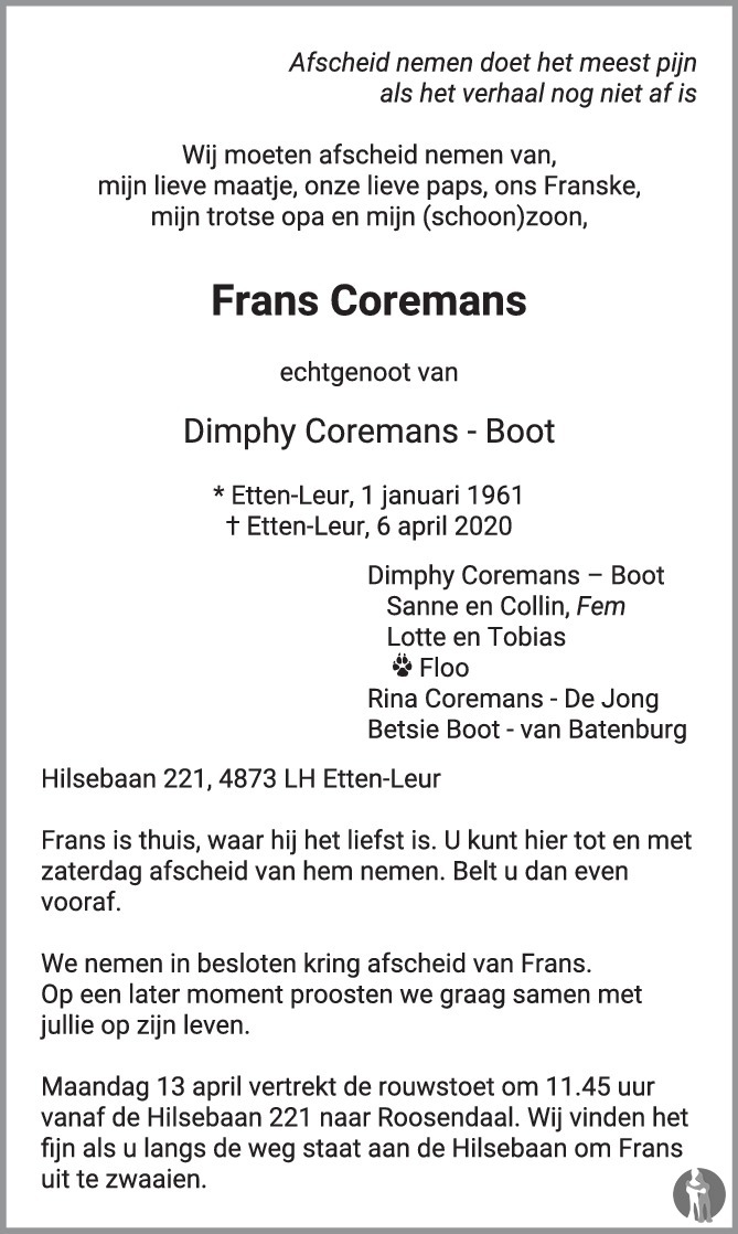Frans Coremans 06042020 overlijdensbericht en condoleances