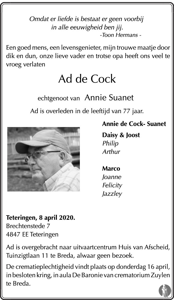 Ad De Cock 08 04 2020 Overlijdensbericht En Condoleances Mensenlinqnl 0806