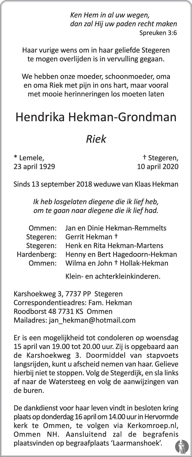 Overlijdensbericht van Hendrika (Riek) Hekman-Grondman in de Stentor