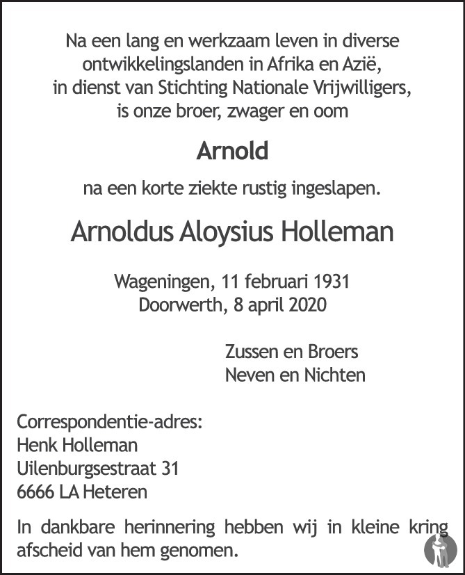 Arnoldus Aloysius (Arnold) Holleman 08042020 overlijdensbericht en