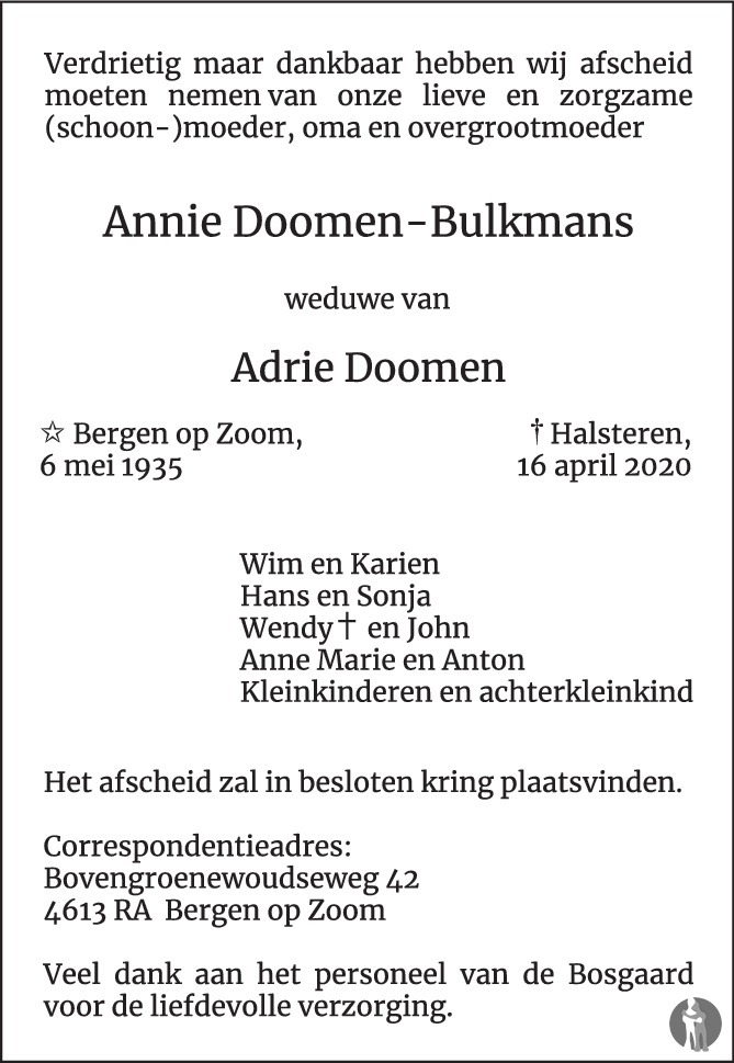 Annie Doomen-Bulkmans 16-04-2020 overlijdensbericht en condoleances ...