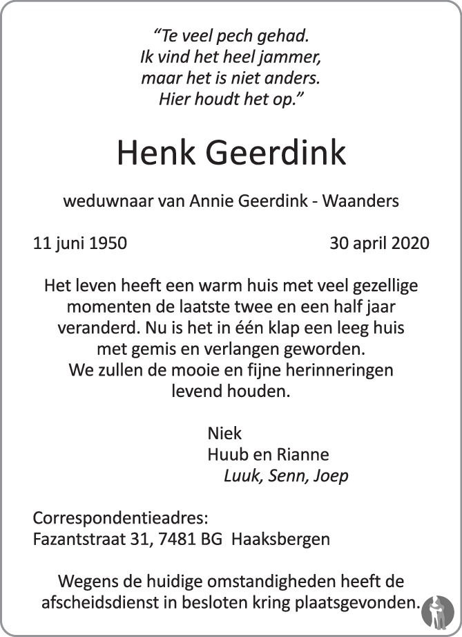 Henk Geerdink 30-04-2020 overlijdensbericht en condoleances - Mensenlinq.nl