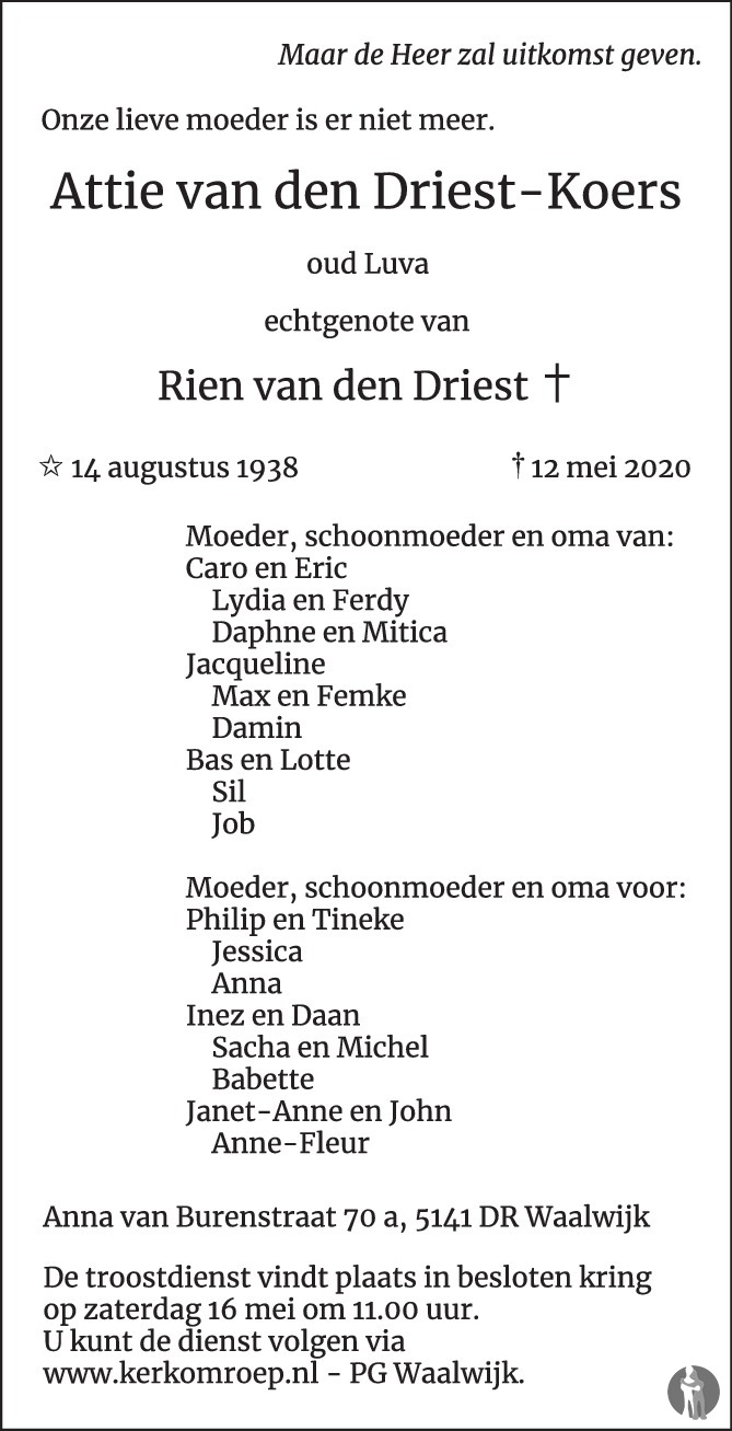 Overlijdensbericht van Attie van den Driest-Koers in Brabants Dagblad