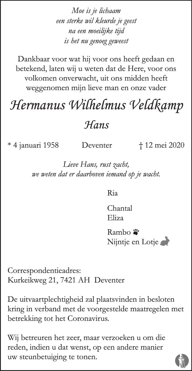 Hermanus Wilhelmus (Hans) Veldkamp 12-05-2020 overlijdensbericht en ...