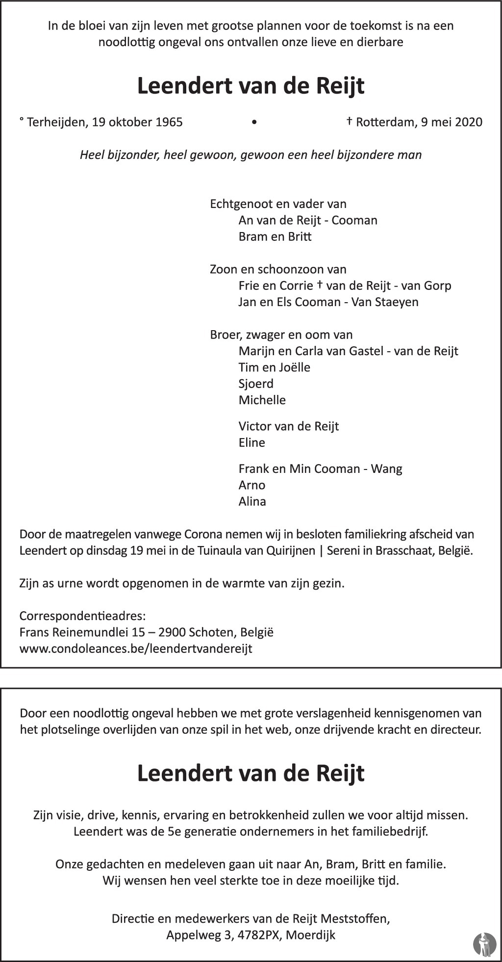 Leendert van de Reijt ✝ 09-05-2020 overlijdensbericht en condoleances -  Mensenlinq.nl