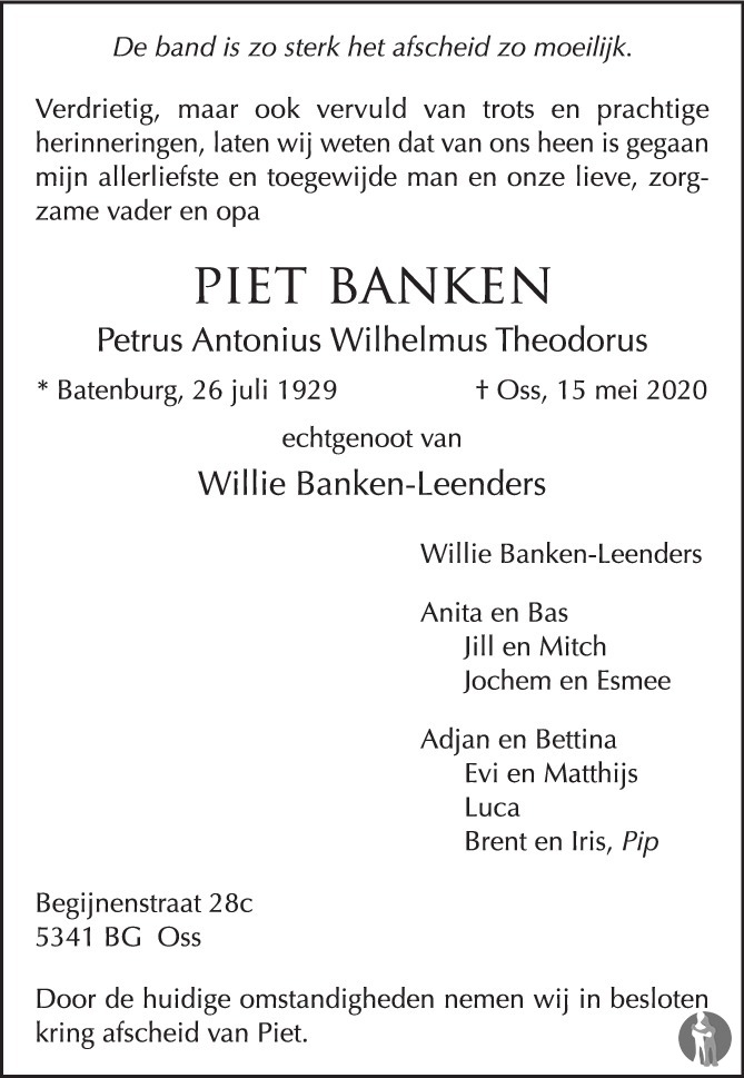 Overlijdensbericht van Piet Banken in Brabants Dagblad