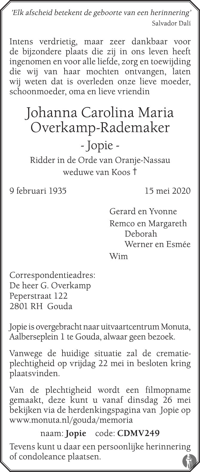 Johanna Carolina Maria (Jopie) OverkampRademaker 15052020