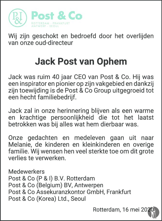 Jacobus (Jack) Post van Ophem 16052020 overlijdensbericht en