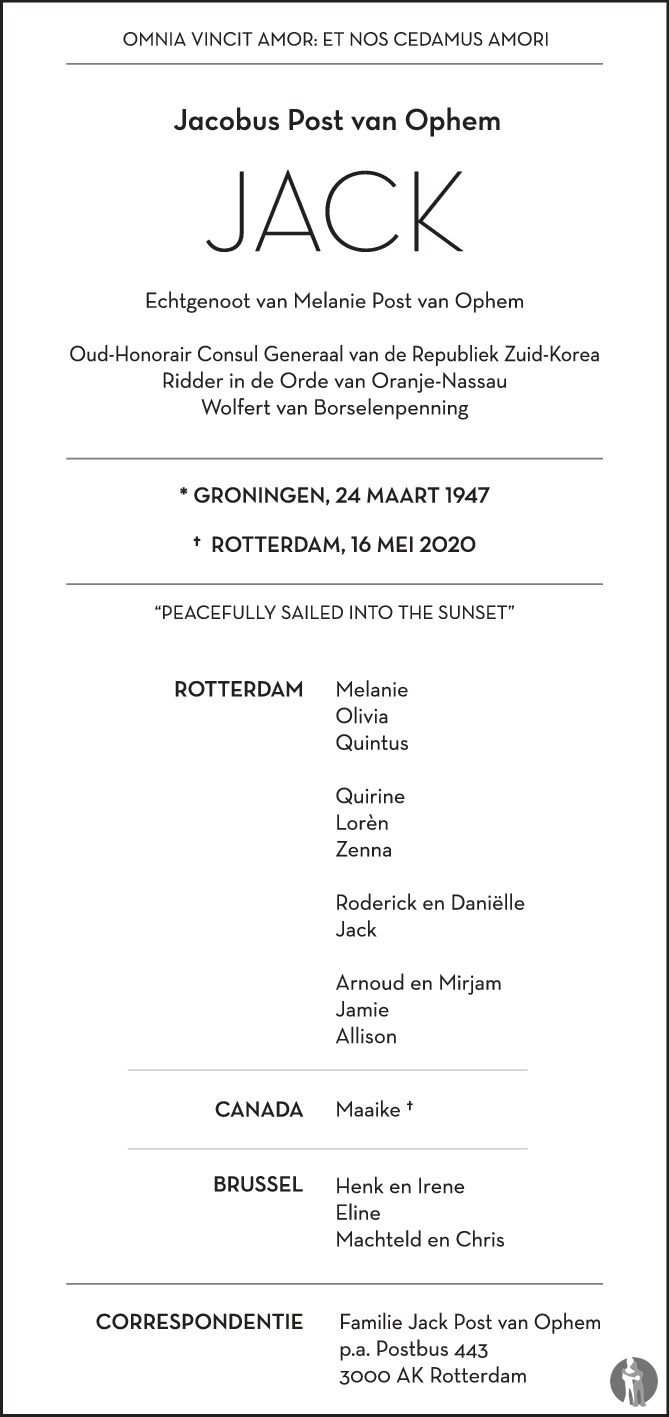 Jacobus (Jack) Post van Ophem 16052020 overlijdensbericht en