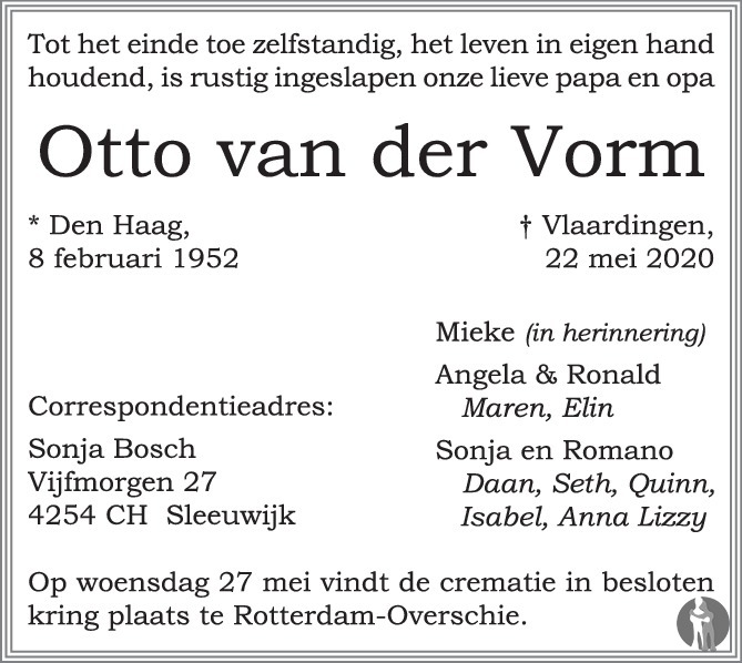 Otto van der Vorm 22052020 overlijdensbericht en condoleances Mensenlinq.nl