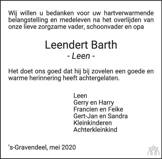 Leendert (Leen) Barth 17042020 overlijdensbericht en condoleances