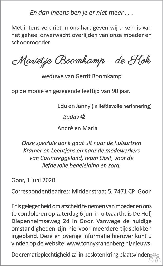 Marietje Boomkamp-de Kok 01-06-2020 overlijdensbericht en condoleances ...