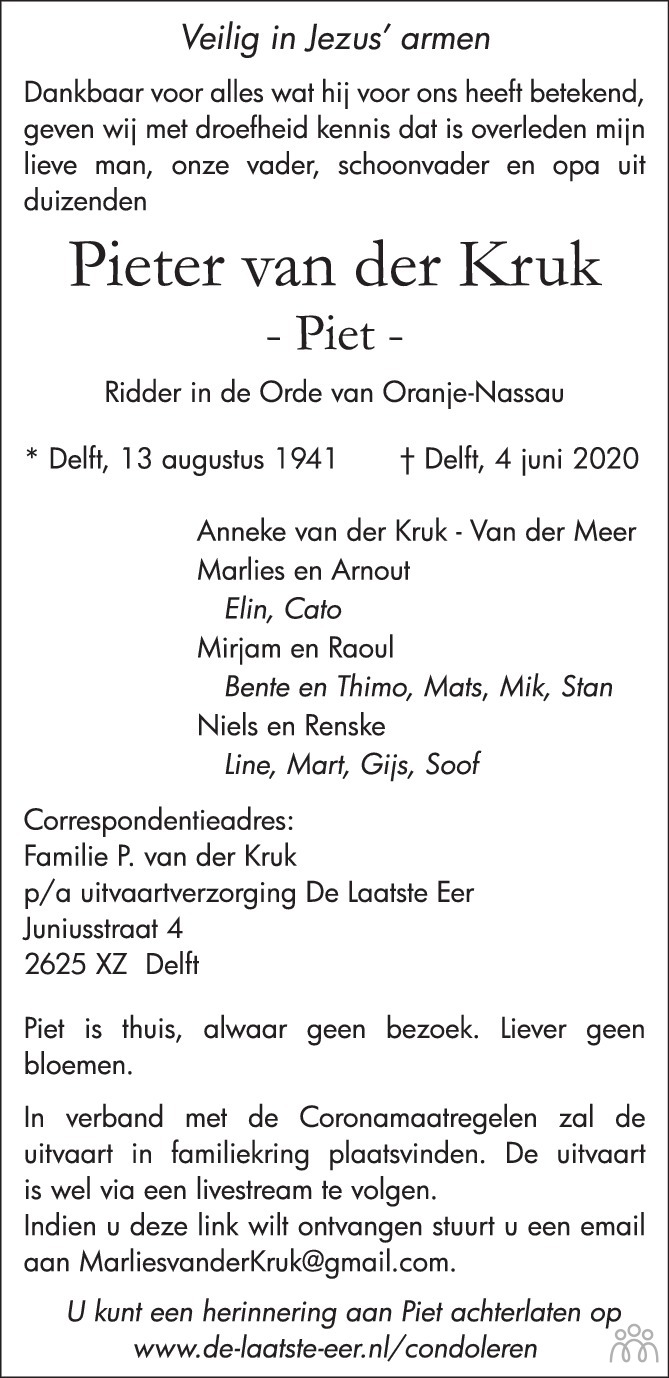 Pieter (Piet) van der Kruk ✝ 04-06-2020 overlijdensbericht en condoleances  - Mensenlinq.nl