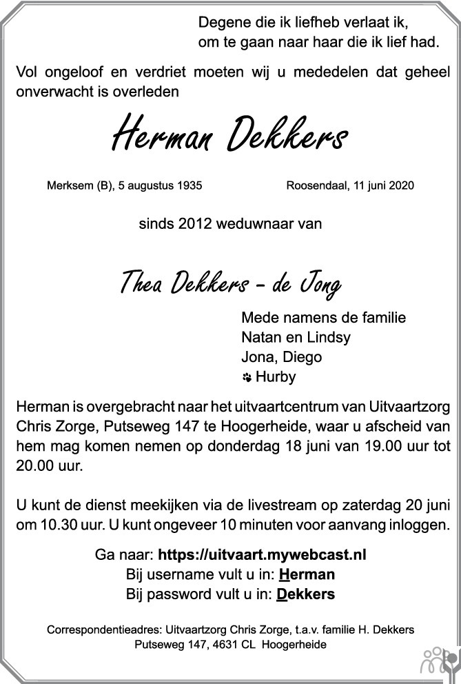 Herman Dekkers 11-06-2020 overlijdensbericht en condoleances ...