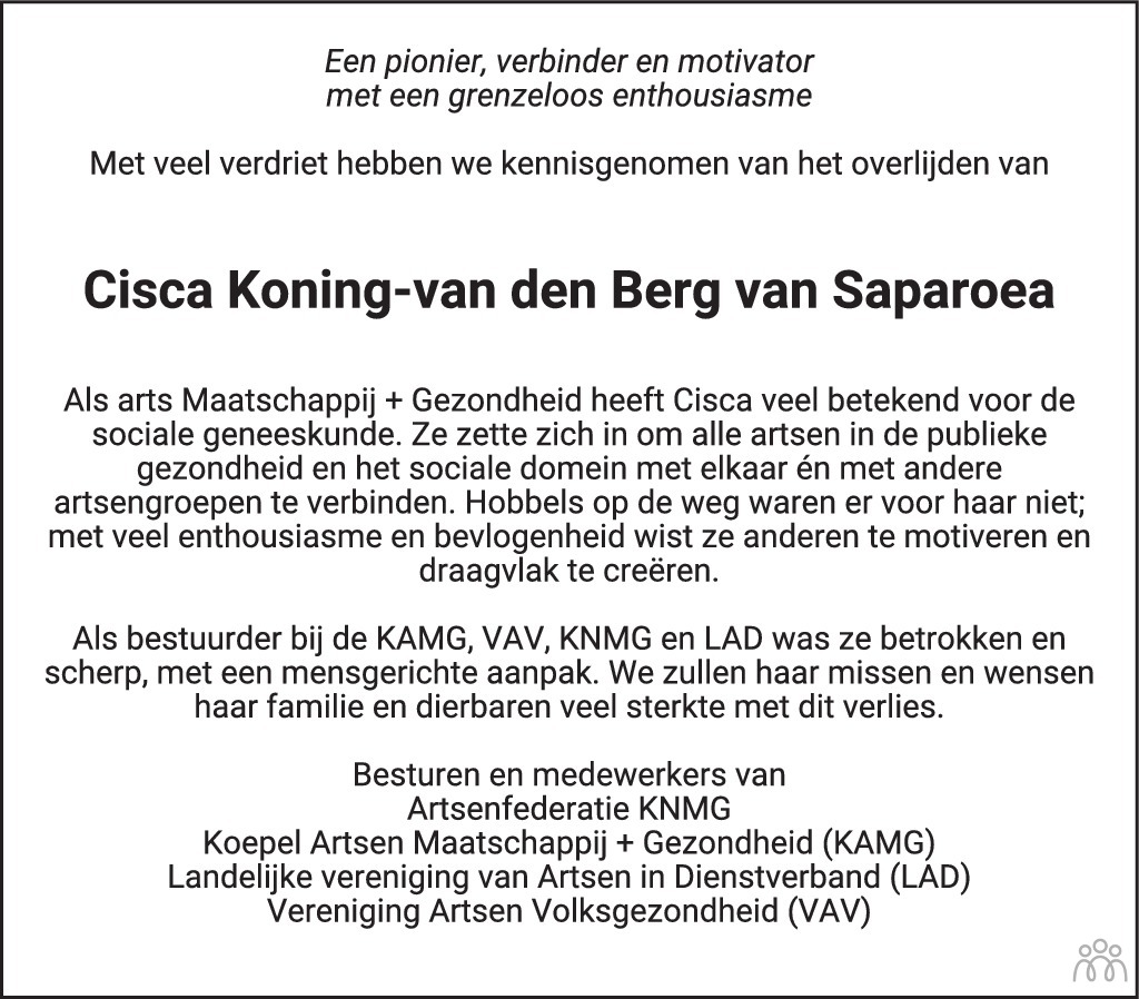 Overlijdensbericht van Cisca Koning-van den Berg van Saparoea in de Volkskrant