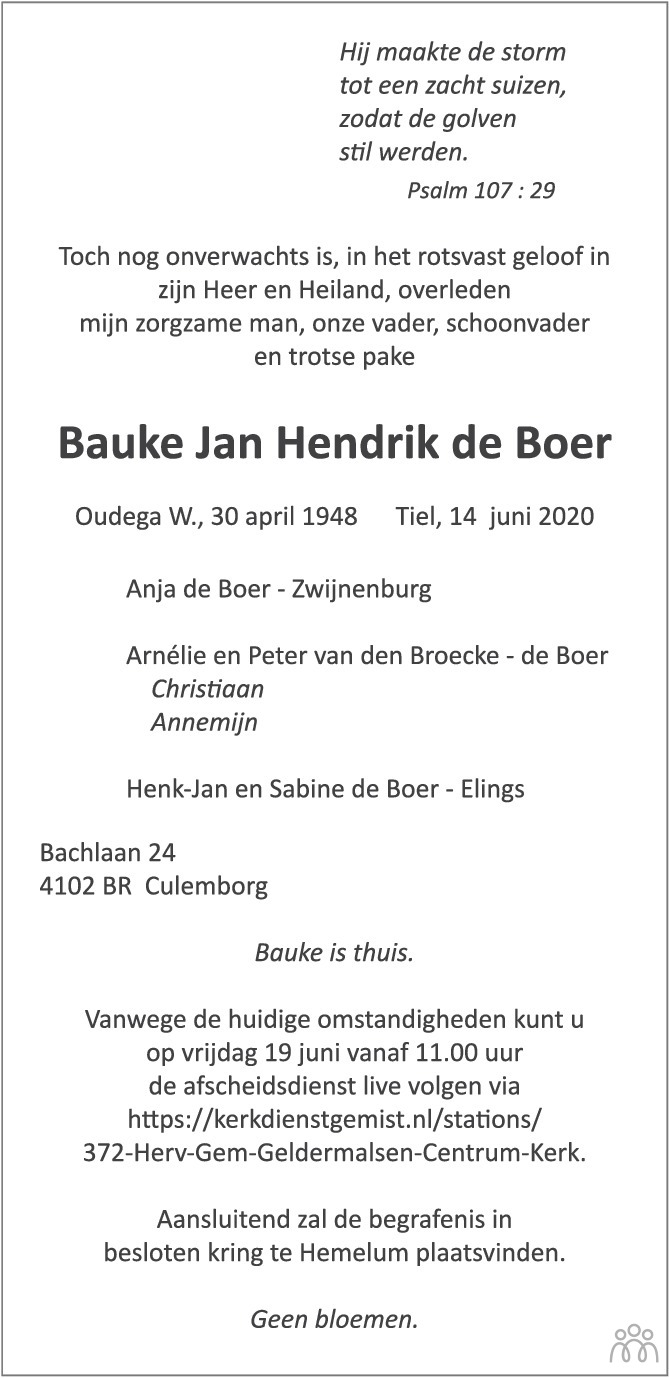 Bauke Jan Hendrik de Boer 14-06-2020 overlijdensbericht en condoleances ...