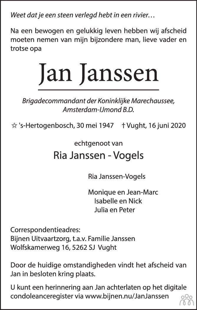 Jan Janssen 16-06-2020 overlijdensbericht en condoleances - Mensenlinq.nl