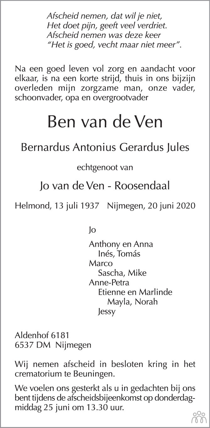 Ben (Bernardus Antonius Gerardus Jules) van de Ven 20-06-2020 ...