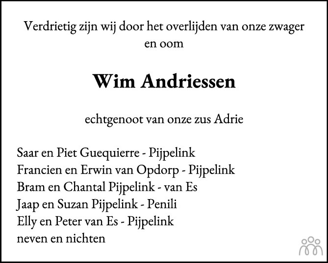 Willem Jan (Wim) Andriessen 24062020 overlijdensbericht en