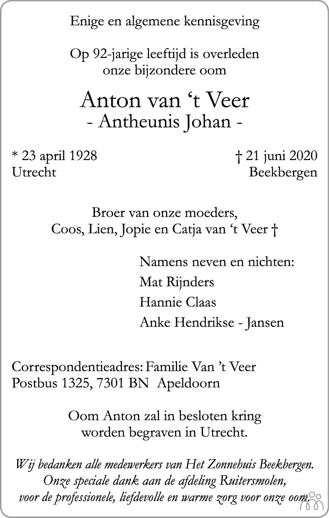 Anton (Antheunis Johan) van 't Veer 21-06-2020 overlijdensbericht en ...