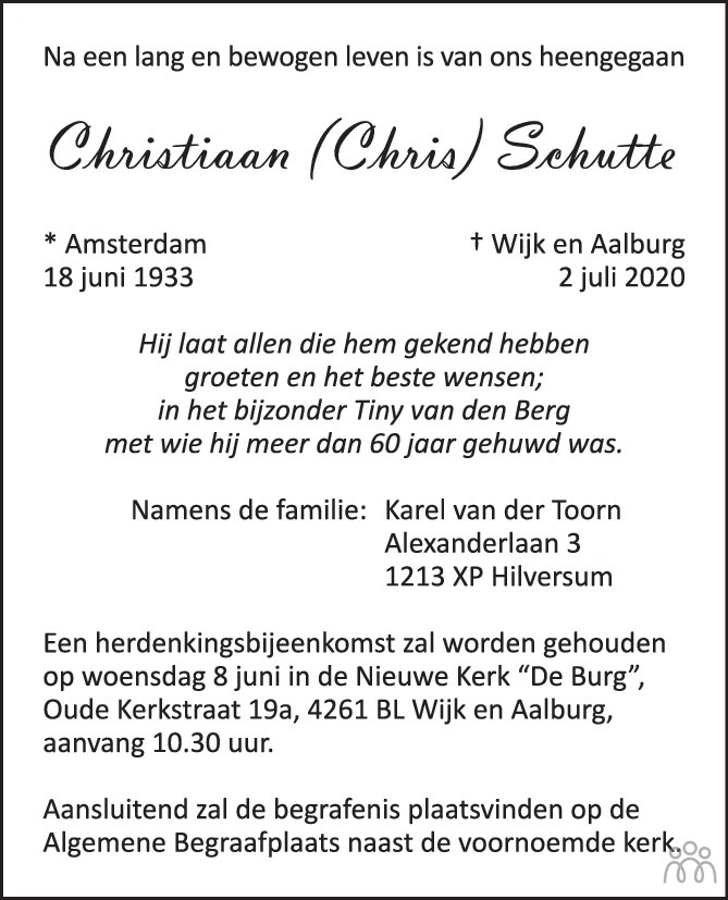 Overlijdensbericht van Christiaan (Chris) Schutte in Brabants Dagblad