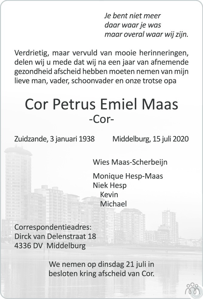 Overlijdensbericht van Cor Petrus Emiel Maas in PZC Provinciale Zeeuwse Courant