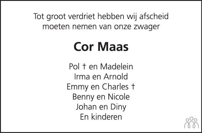 Overlijdensbericht van Cor Petrus Emiel Maas in PZC Provinciale Zeeuwse Courant